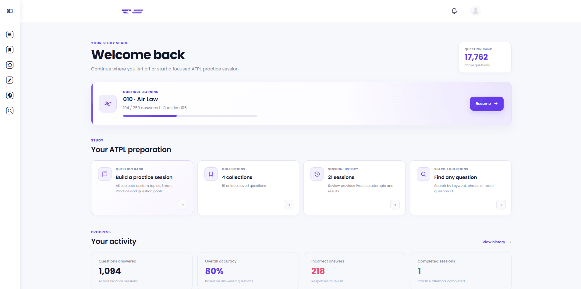 ATPL Tests study dashboard with ATPL practice and mock exam performance