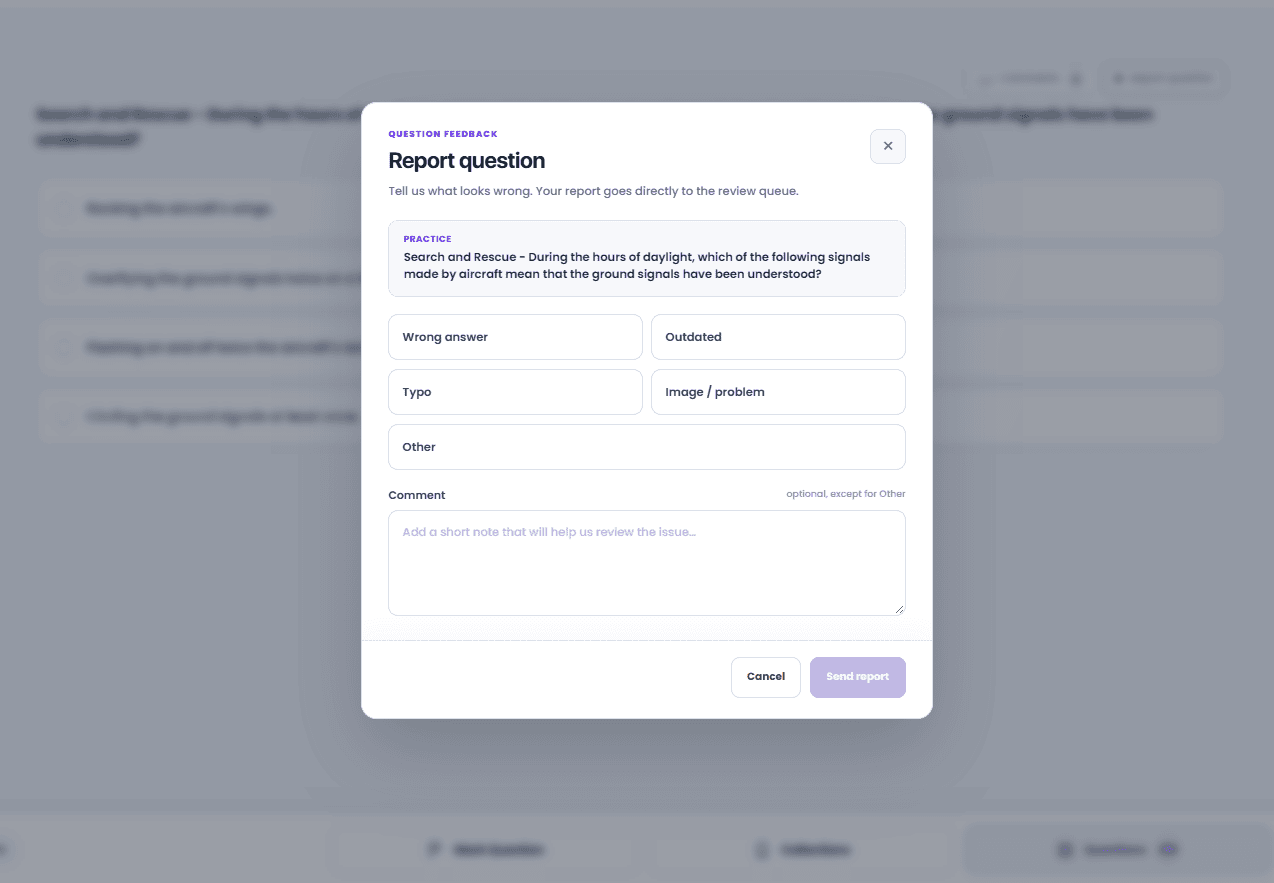 ATPL Tests form for reporting an ATPL question issue
