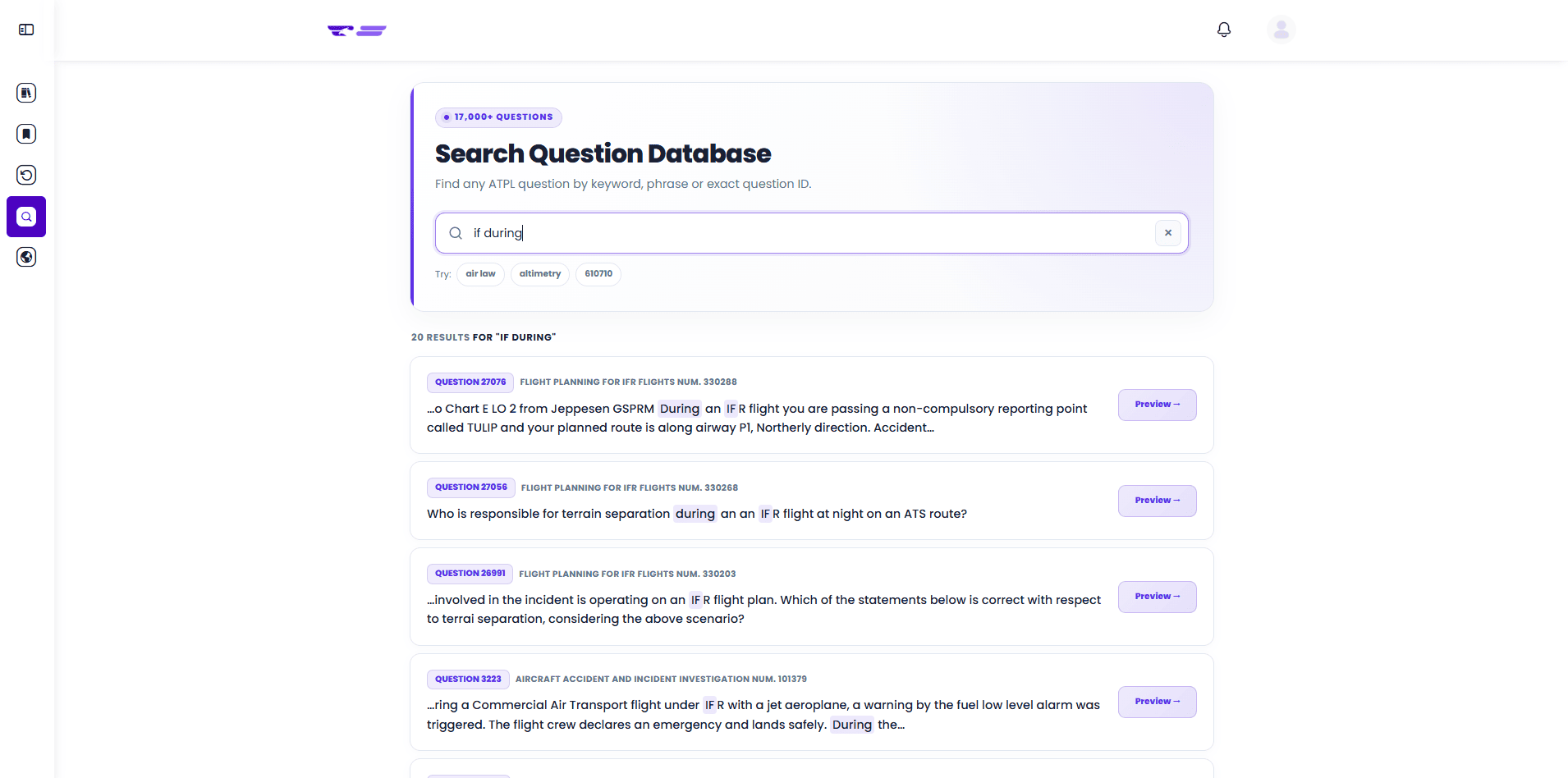 ATPL Tests search interface for finding ATPL questions